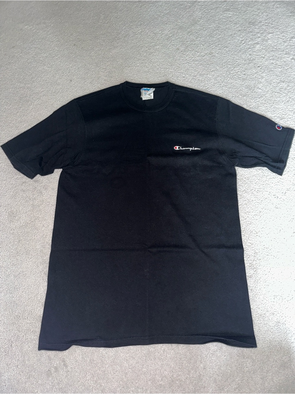 Champion Black Short Sleeve Crew Tee with Script Chest and Sleeve Logo